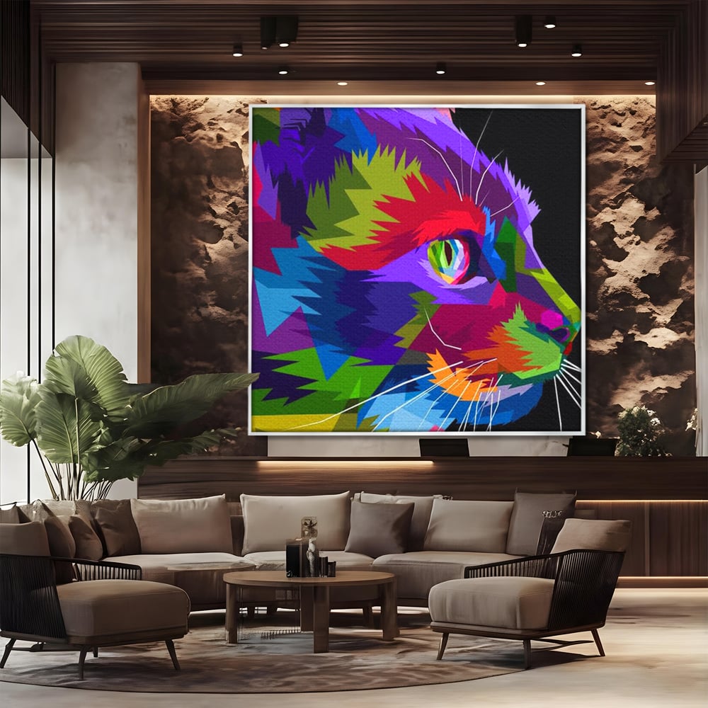 Tablou canvas cu tablou canvas cu pisica pop art, in rama de aluminiu argintiu, pe perete intr-un birou